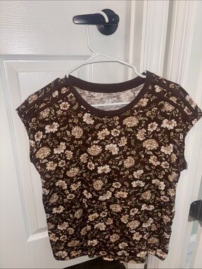 Maurice’s Women’s Floral Cap-Sleeve Top - Brown With Cream Flowers-NWOT